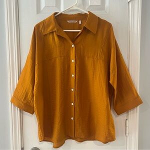 Soft Surroundings Mustard Button-Down 3/4 Sleeve Collared Shirt Size Large